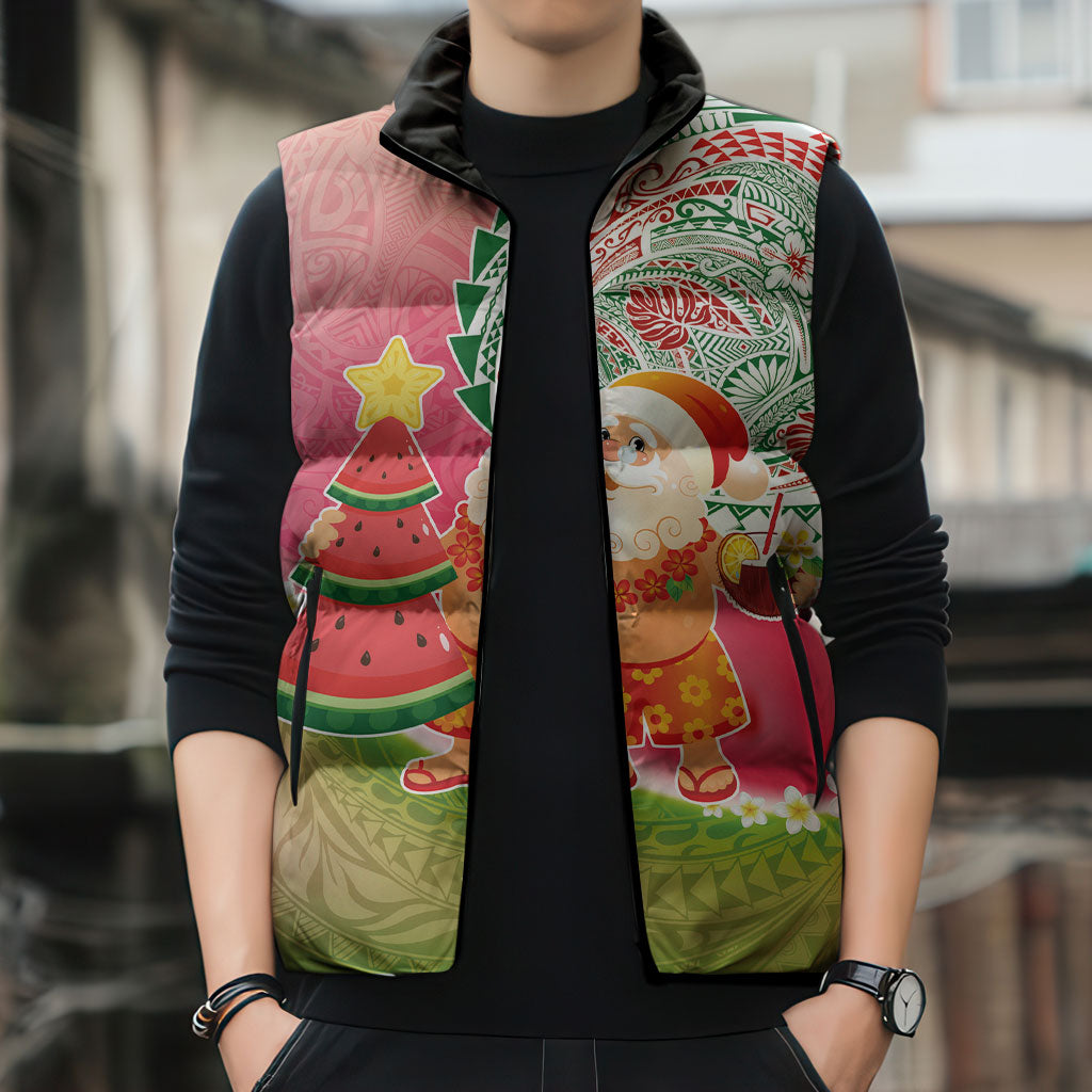 Hawaiian Watermelon Mele Kalikimaka Sleeveless Puffer Jacket Tropical Tribal Pattern with Funny Santa Claus LT03 - Polynesian Pride