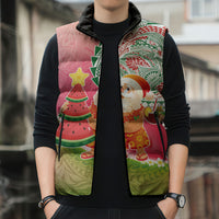Hawaiian Watermelon Mele Kalikimaka Sleeveless Puffer Jacket Tropical Tribal Pattern with Funny Santa Claus LT03 - Polynesian Pride