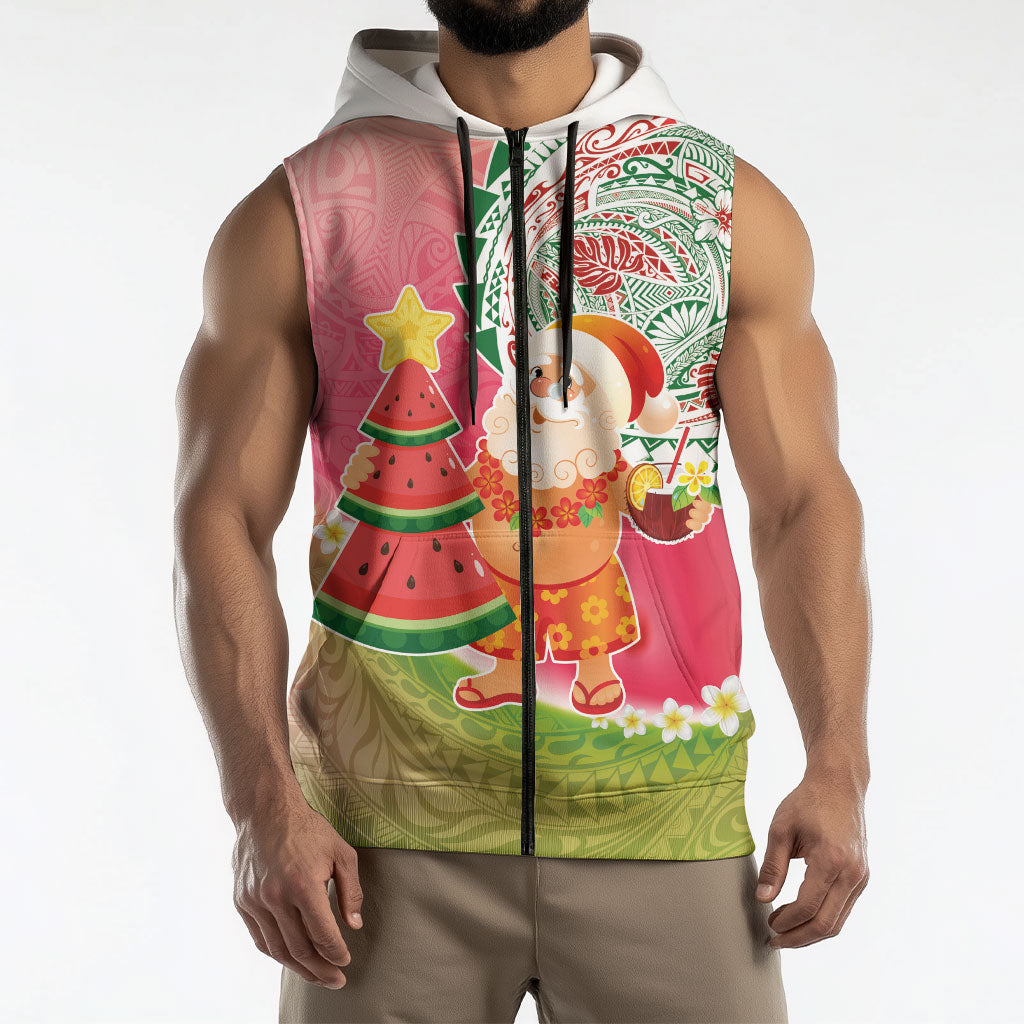 Hawaiian Watermelon Mele Kalikimaka Sleeveless Zip Hoodie Tropical Tribal Pattern with Funny Santa Claus LT03 - Polynesian Pride