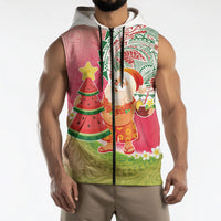 Hawaiian Watermelon Mele Kalikimaka Sleeveless Zip Hoodie Tropical Tribal Pattern with Funny Santa Claus LT03 - Polynesian Pride
