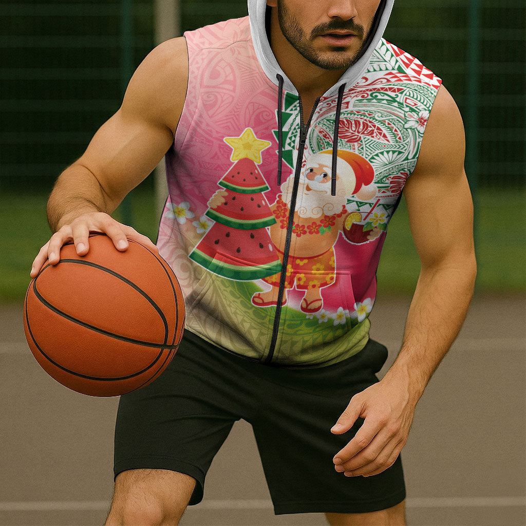 Hawaiian Watermelon Mele Kalikimaka Sleeveless Zip Hoodie Tropical Tribal Pattern with Funny Santa Claus LT03 - Polynesian Pride