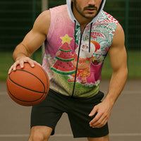 Hawaiian Watermelon Mele Kalikimaka Sleeveless Zip Hoodie Tropical Tribal Pattern with Funny Santa Claus LT03 - Polynesian Pride