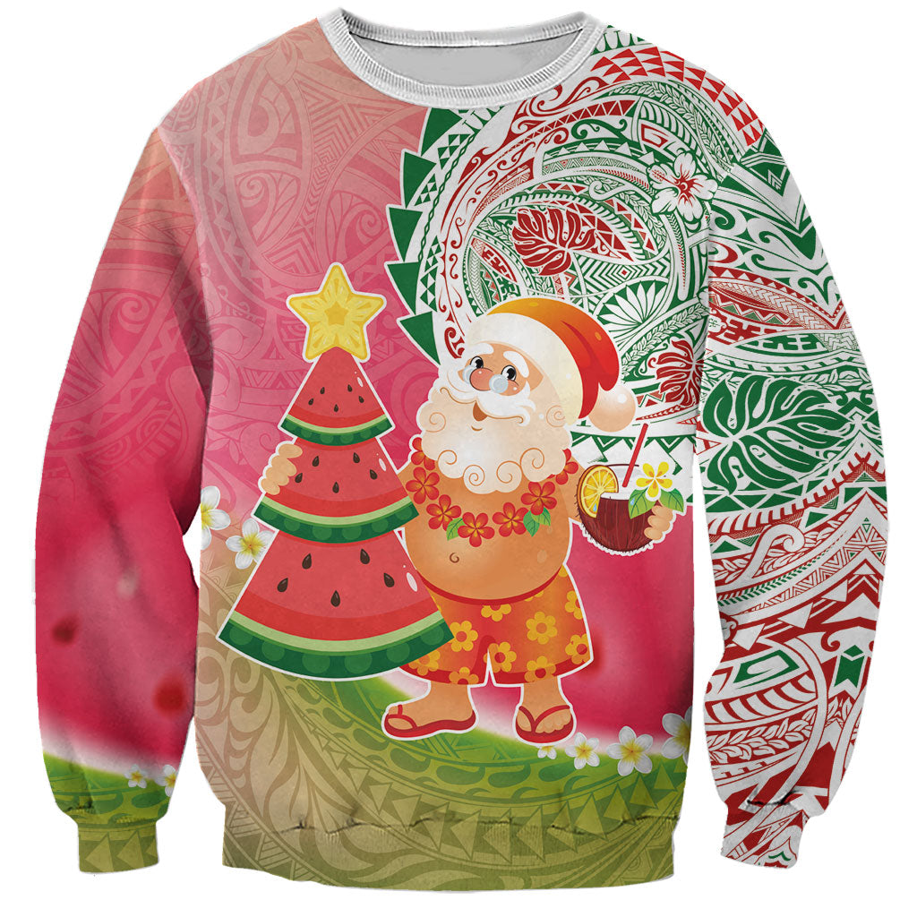 Hawaiian Watermelon Mele Kalikimaka Sweatshirt Tropical Tribal Pattern with Funny Santa Claus LT03 Unisex Multicolor - Polynesian Pride