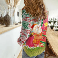 Hawaiian Watermelon Mele Kalikimaka Women Casual Shirt Tropical Tribal Pattern with Funny Santa Claus LT03 - Polynesian Pride