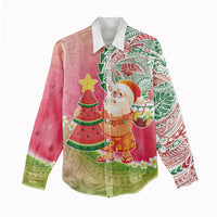 Hawaiian Watermelon Mele Kalikimaka Women Casual Shirt Tropical Tribal Pattern with Funny Santa Claus LT03 - Polynesian Pride