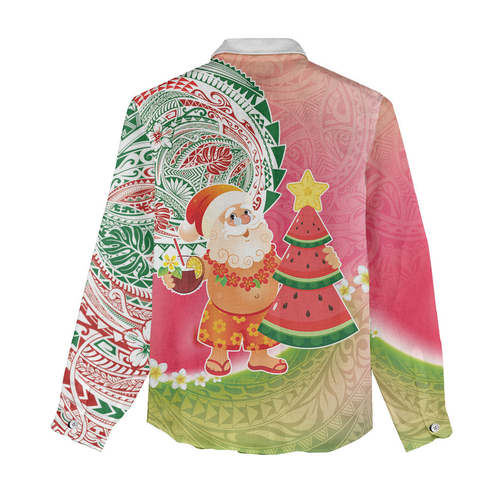 Hawaiian Watermelon Mele Kalikimaka Women Casual Shirt Tropical Tribal Pattern with Funny Santa Claus LT03 - Polynesian Pride