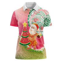 Hawaiian Watermelon Mele Kalikimaka Women Polo Shirt Tropical Tribal Pattern with Funny Santa Claus LT03 Female Multicolor - Polynesian Pride
