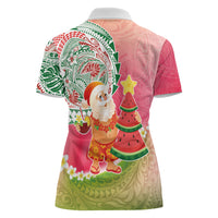 Hawaiian Watermelon Mele Kalikimaka Women Polo Shirt Tropical Tribal Pattern with Funny Santa Claus LT03 - Polynesian Pride