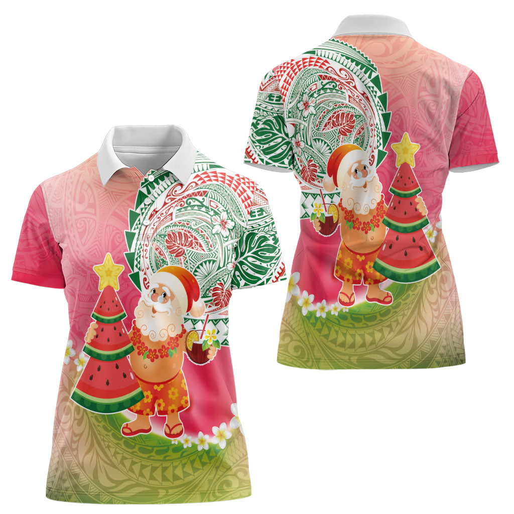 Hawaiian Watermelon Mele Kalikimaka Women Polo Shirt Tropical Tribal Pattern with Funny Santa Claus LT03 - Polynesian Pride
