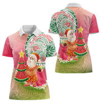 Hawaiian Watermelon Mele Kalikimaka Women Polo Shirt Tropical Tribal Pattern with Funny Santa Claus LT03 - Polynesian Pride