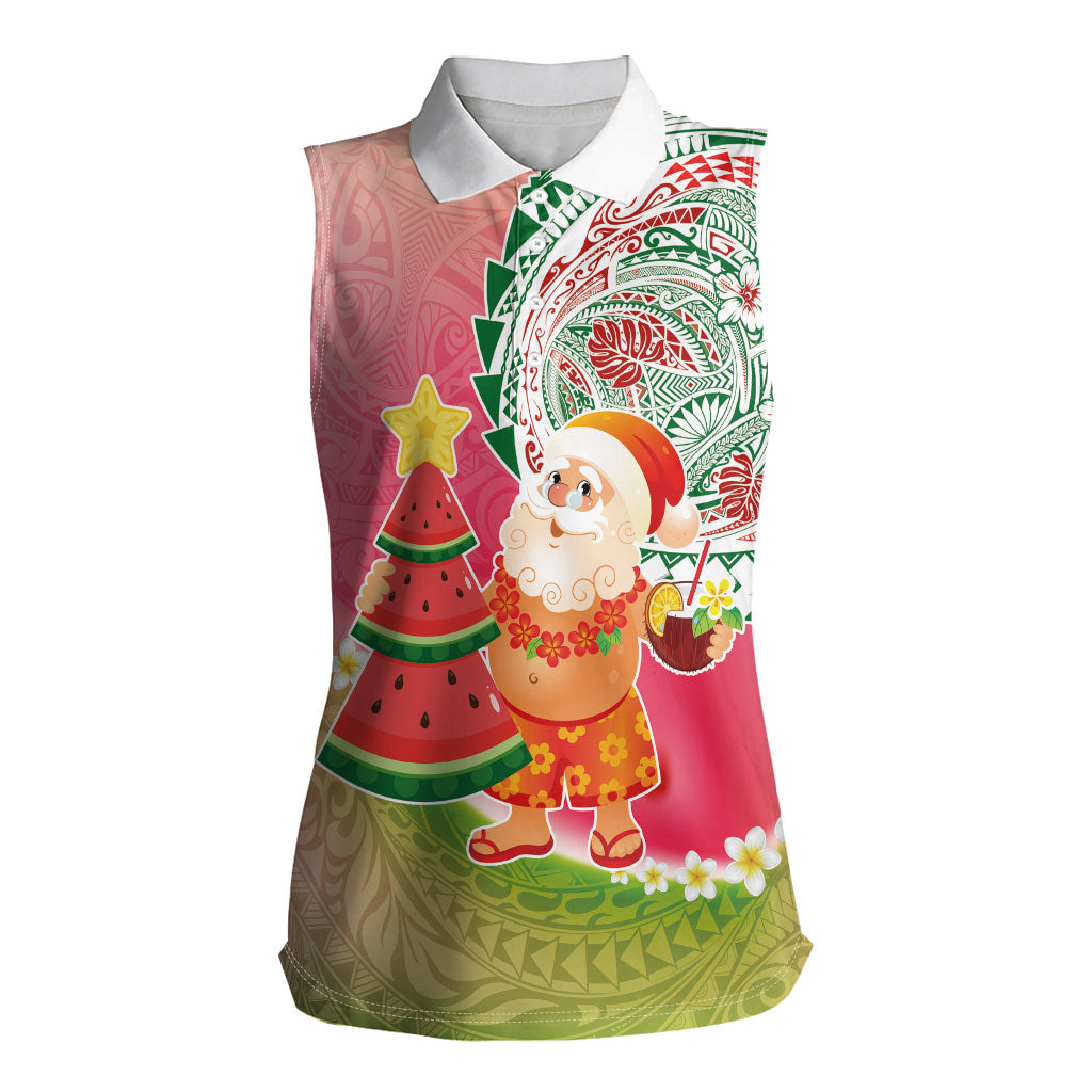 Hawaiian Watermelon Mele Kalikimaka Women Sleeveless Polo Shirt Tropical Tribal Pattern with Funny Santa Claus LT03 Female Multicolor - Polynesian Pride