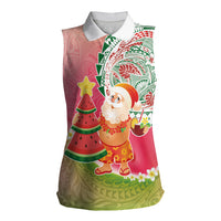 Hawaiian Watermelon Mele Kalikimaka Women Sleeveless Polo Shirt Tropical Tribal Pattern with Funny Santa Claus LT03 Female Multicolor - Polynesian Pride