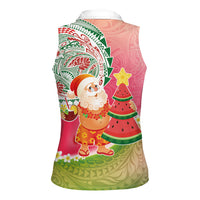 Hawaiian Watermelon Mele Kalikimaka Women Sleeveless Polo Shirt Tropical Tribal Pattern with Funny Santa Claus LT03 - Polynesian Pride