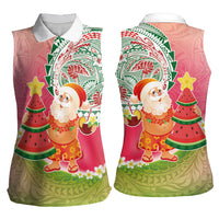 Hawaiian Watermelon Mele Kalikimaka Women Sleeveless Polo Shirt Tropical Tribal Pattern with Funny Santa Claus LT03 - Polynesian Pride