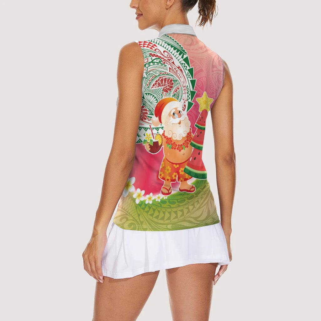 Hawaiian Watermelon Mele Kalikimaka Women Sleeveless Polo Shirt Tropical Tribal Pattern with Funny Santa Claus LT03 - Polynesian Pride