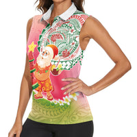 Hawaiian Watermelon Mele Kalikimaka Women Sleeveless Polo Shirt Tropical Tribal Pattern with Funny Santa Claus LT03 - Polynesian Pride