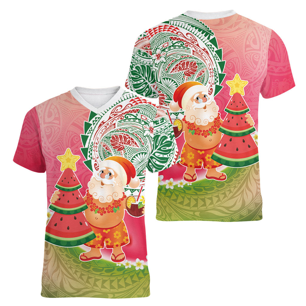 Hawaiian Watermelon Mele Kalikimaka Women V-Neck T-Shirt Tropical Tribal Pattern with Funny Santa Claus LT03 - Polynesian Pride