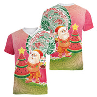 Hawaiian Watermelon Mele Kalikimaka Women V-Neck T-Shirt Tropical Tribal Pattern with Funny Santa Claus LT03 - Polynesian Pride