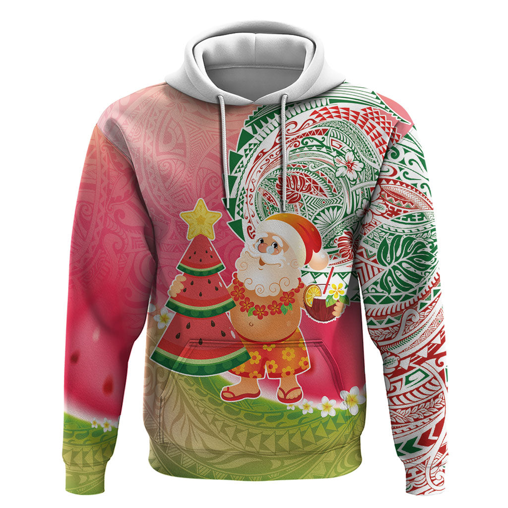 Hawaiian Watermelon Mele Kalikimaka Zip Hoodie Tropical Tribal Pattern with Funny Santa Claus LT03 Pullover Hoodie Multicolor - Polynesian Pride