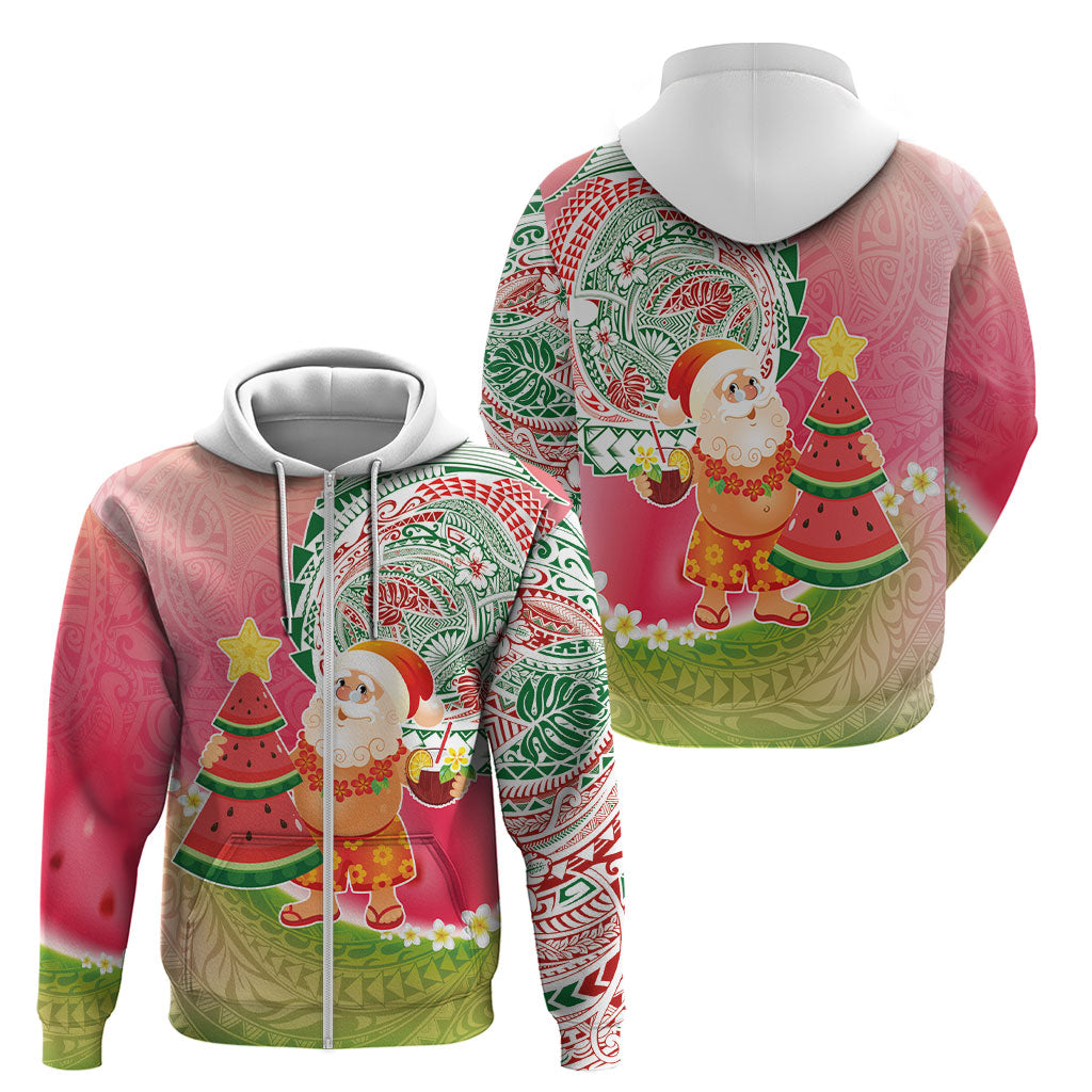 Hawaiian Watermelon Mele Kalikimaka Zip Hoodie Tropical Tribal Pattern with Funny Santa Claus LT03 - Polynesian Pride