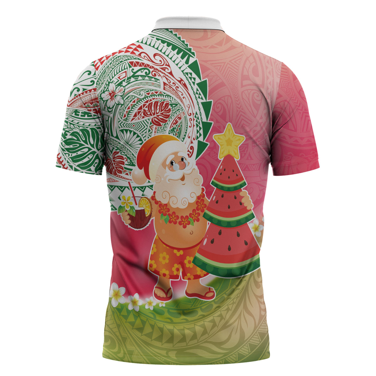Hawaiian Watermelon Mele Kalikimaka Zipper Polo Shirt Tropical Tribal Pattern with Funny Santa Claus LT03 - Polynesian Pride