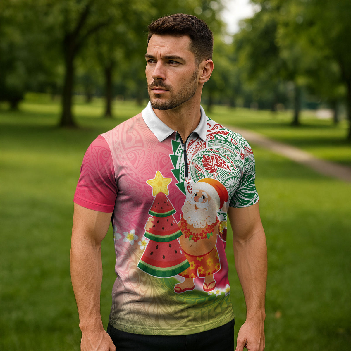 Hawaiian Watermelon Mele Kalikimaka Zipper Polo Shirt Tropical Tribal Pattern with Funny Santa Claus LT03 - Polynesian Pride