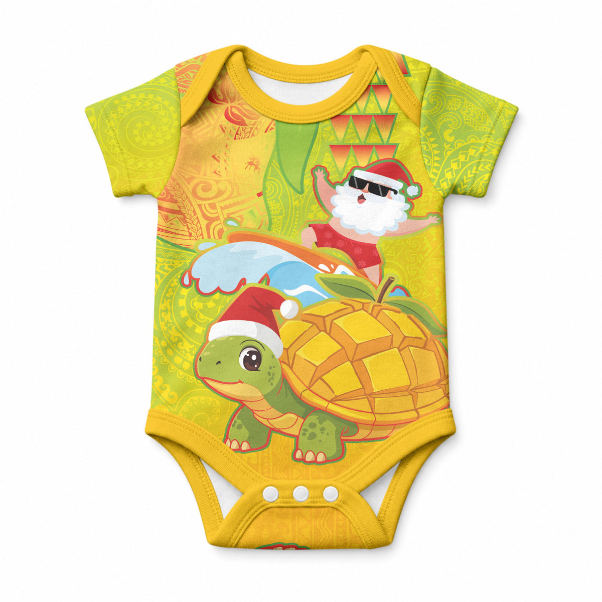 Hawaiian Mango Mele Kalikimaka Baby Onesie Santa Claus Surfing with Turtle Mango Christmas