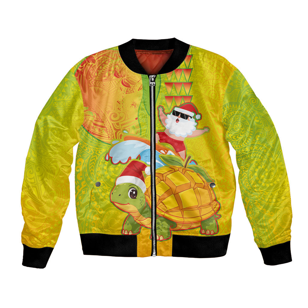 Hawaiian Mango Mele Kalikimaka Bomber Jacket Santa Claus Surfing with Turtle Mango Christmas LT03 Unisex Multicolor - Polynesian Pride