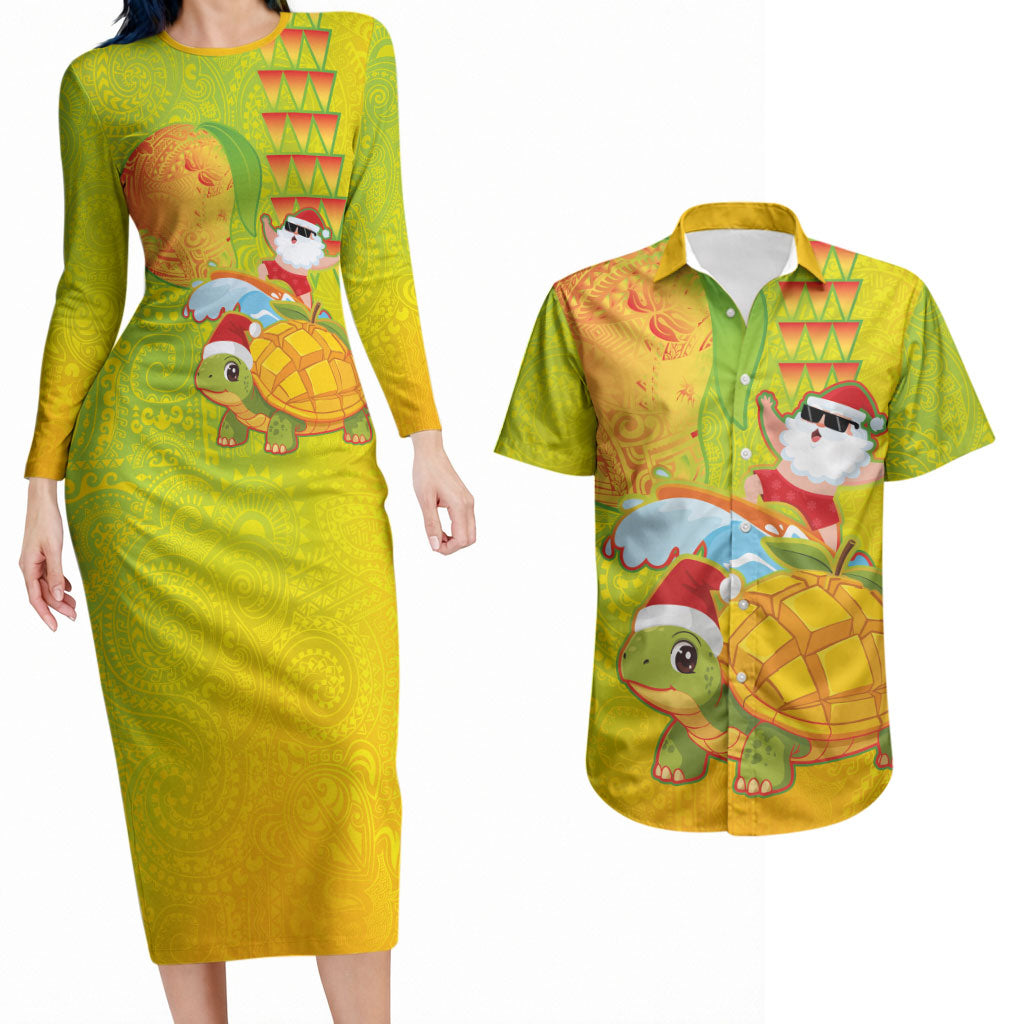 Hawaiian Mango Mele Kalikimaka Couples Matching Long Sleeve Bodycon Dress and Hawaiian Shirt Santa Claus Surfing with Turtle Mango Christmas LT03 Multicolor - Polynesian Pride