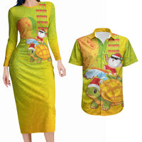 Hawaiian Mango Mele Kalikimaka Couples Matching Long Sleeve Bodycon Dress and Hawaiian Shirt Santa Claus Surfing with Turtle Mango Christmas LT03 Multicolor - Polynesian Pride