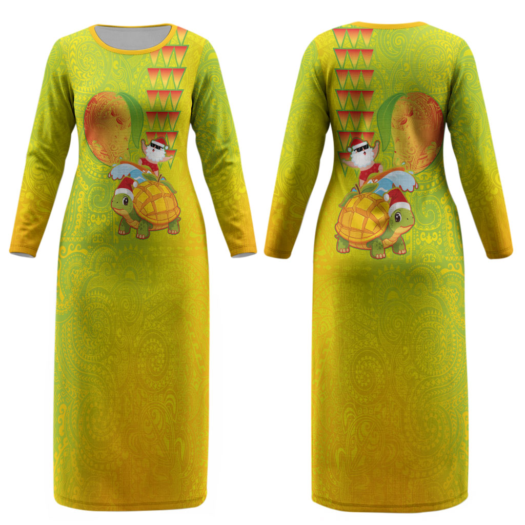Hawaiian Mango Mele Kalikimaka Couples Matching Long Sleeve Bodycon Dress and Hawaiian Shirt Santa Claus Surfing with Turtle Mango Christmas LT03 - Polynesian Pride