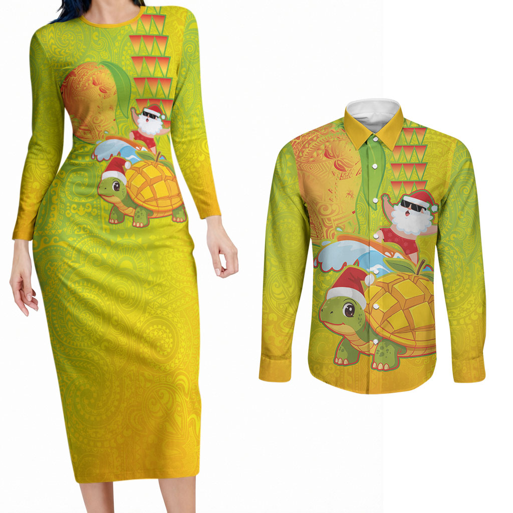 Hawaiian Mango Mele Kalikimaka Couples Matching Long Sleeve Bodycon Dress and Long Sleeve Button Shirt Santa Claus Surfing with Turtle Mango Christmas LT03 Multicolor - Polynesian Pride