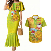 Hawaiian Mango Mele Kalikimaka Couples Matching Mermaid Dress and Hawaiian Shirt Santa Claus Surfing with Turtle Mango Christmas LT03 Multicolor - Polynesian Pride