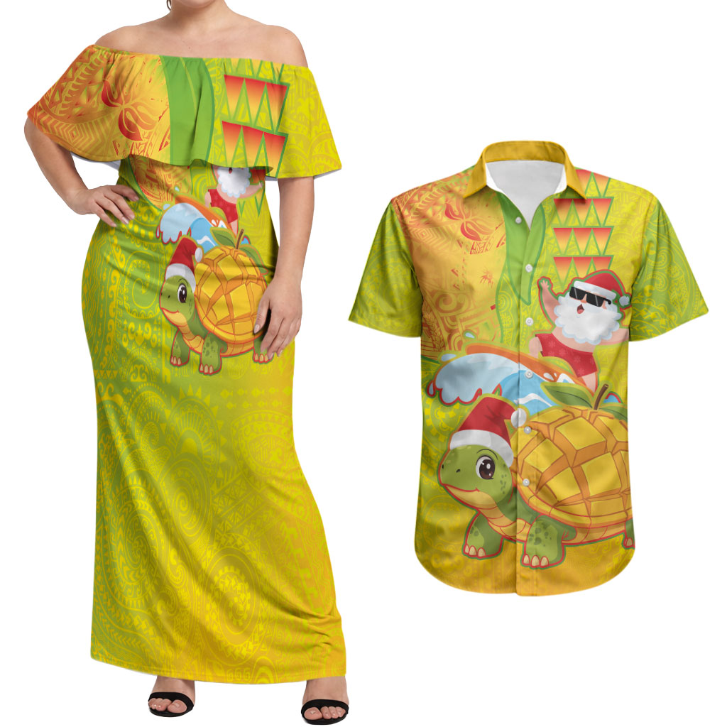 Hawaiian Mango Mele Kalikimaka Couples Matching Off Shoulder Maxi Dress and Hawaiian Shirt Santa Claus Surfing with Turtle Mango Christmas LT03 Multicolor - Polynesian Pride