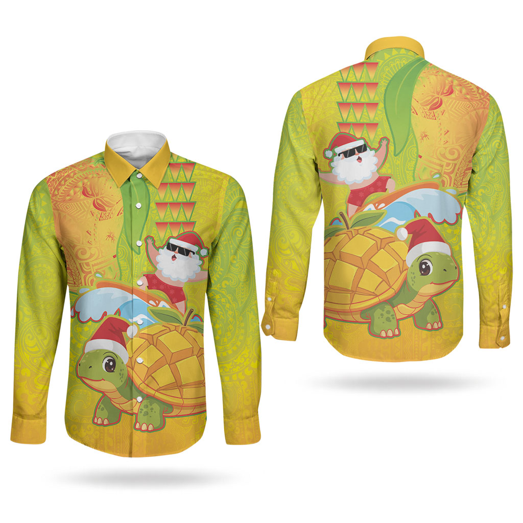 Hawaiian Mango Mele Kalikimaka Couples Matching Off Shoulder Maxi Dress and Long Sleeve Button Shirt Santa Claus Surfing with Turtle Mango Christmas LT03 - Polynesian Pride