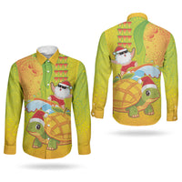 Hawaiian Mango Mele Kalikimaka Couples Matching Off Shoulder Maxi Dress and Long Sleeve Button Shirt Santa Claus Surfing with Turtle Mango Christmas LT03 - Polynesian Pride