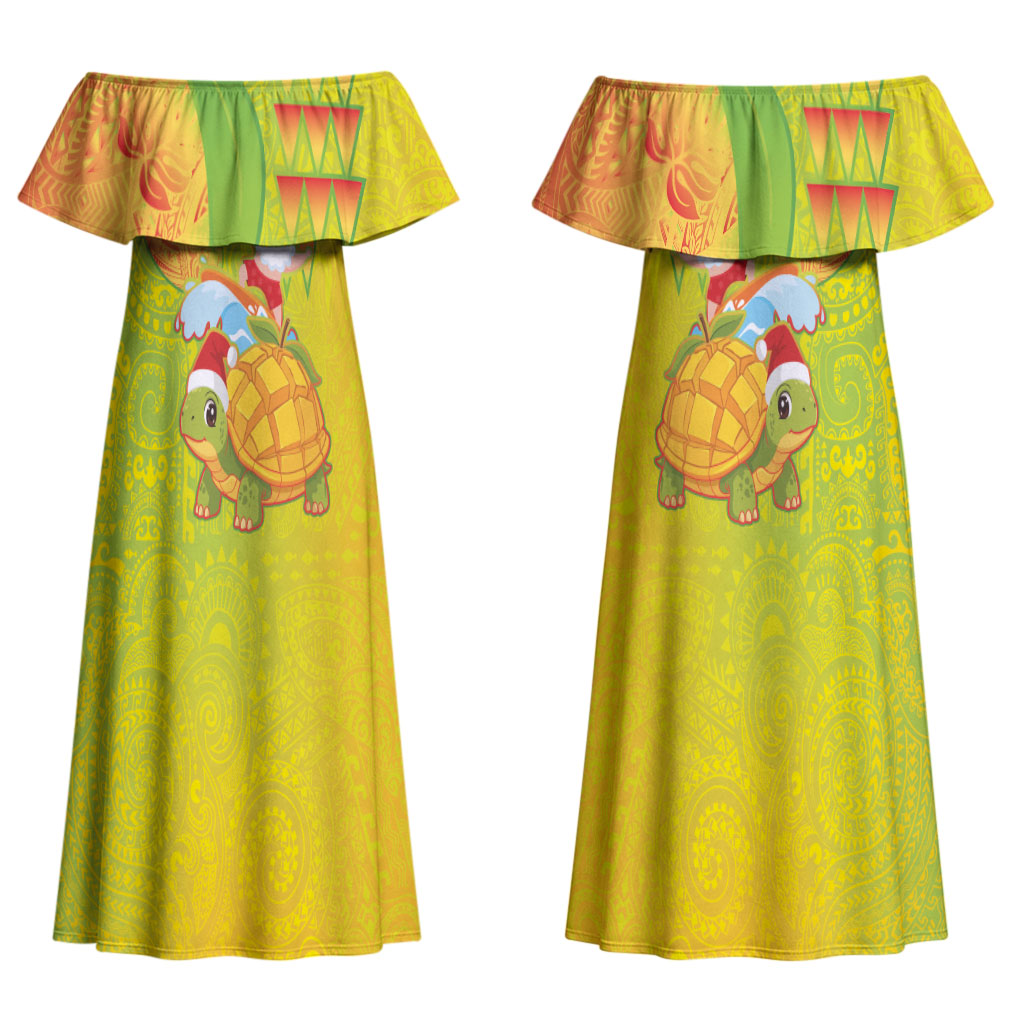 Hawaiian Mango Mele Kalikimaka Couples Matching Off Shoulder Maxi Dress and Long Sleeve Button Shirt Santa Claus Surfing with Turtle Mango Christmas LT03 - Polynesian Pride