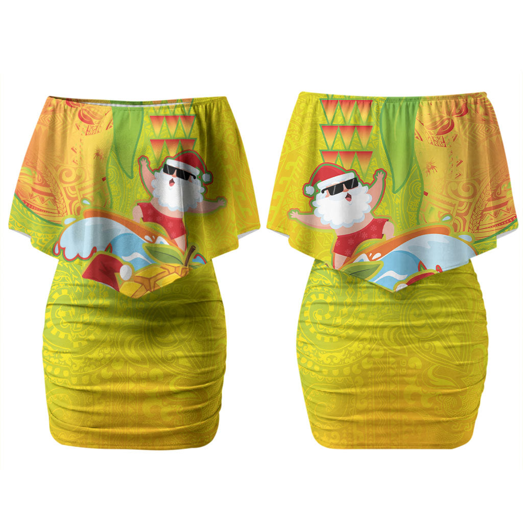 Hawaiian Mango Mele Kalikimaka Couples Matching Off Shoulder Short Dress and Long Sleeve Button Shirt Santa Claus Surfing with Turtle Mango Christmas LT03 - Polynesian Pride