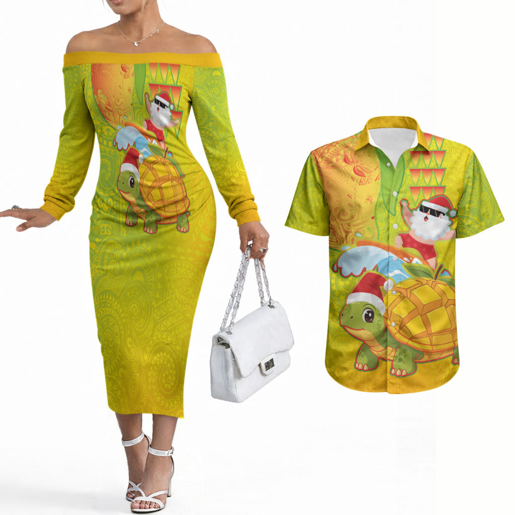 Hawaiian Mango Mele Kalikimaka Couples Matching Off The Shoulder Long Sleeve Dress and Hawaiian Shirt Santa Claus Surfing with Turtle Mango Christmas LT03 Multicolor - Polynesian Pride