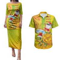 Hawaiian Mango Mele Kalikimaka Couples Matching Puletasi and Hawaiian Shirt Santa Claus Surfing with Turtle Mango Christmas LT03 Multicolor - Polynesian Pride