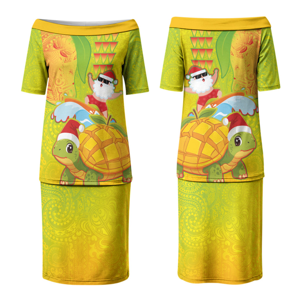 Hawaiian Mango Mele Kalikimaka Couples Matching Puletasi and Hawaiian Shirt Santa Claus Surfing with Turtle Mango Christmas LT03 - Polynesian Pride