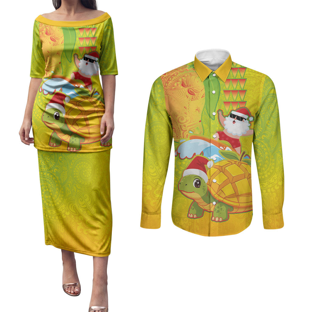 Hawaiian Mango Mele Kalikimaka Couples Matching Puletasi and Long Sleeve Button Shirt Santa Claus Surfing with Turtle Mango Christmas LT03 Multicolor - Polynesian Pride