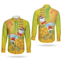 Hawaiian Mango Mele Kalikimaka Couples Matching Short Sleeve Bodycon Dress and Long Sleeve Button Shirt Santa Claus Surfing with Turtle Mango Christmas LT03 - Polynesian Pride