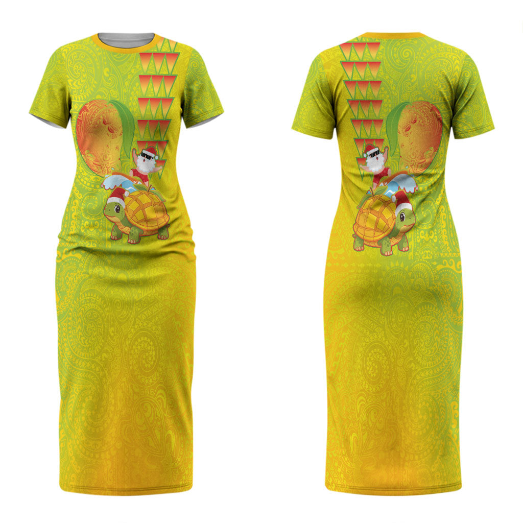 Hawaiian Mango Mele Kalikimaka Couples Matching Short Sleeve Bodycon Dress and Long Sleeve Button Shirt Santa Claus Surfing with Turtle Mango Christmas LT03 - Polynesian Pride