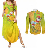 Hawaiian Mango Mele Kalikimaka Couples Matching Summer Maxi Dress and Long Sleeve Button Shirt Santa Claus Surfing with Turtle Mango Christmas LT03 Multicolor - Polynesian Pride