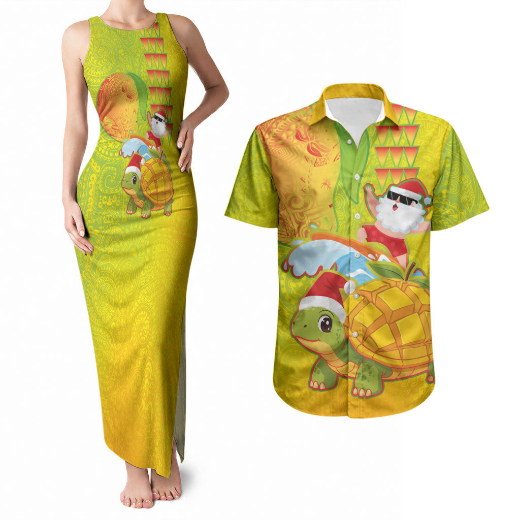 Hawaiian Mango Mele Kalikimaka Couples Matching Tank Maxi Dress and Hawaiian Shirt Santa Claus Surfing with Turtle Mango Christmas LT03 Multicolor - Polynesian Pride