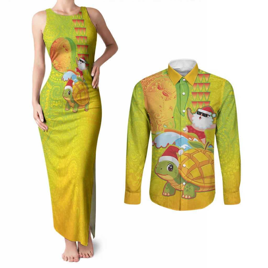 Hawaiian Mango Mele Kalikimaka Couples Matching Tank Maxi Dress and Long Sleeve Button Shirt Santa Claus Surfing with Turtle Mango Christmas LT03 Multicolor - Polynesian Pride