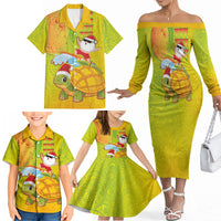 Hawaiian Mango Mele Kalikimaka Family Matching Off The Shoulder Long Sleeve Dress and Hawaiian Shirt Santa Claus Surfing with Turtle Mango Christmas LT03 - Polynesian Pride
