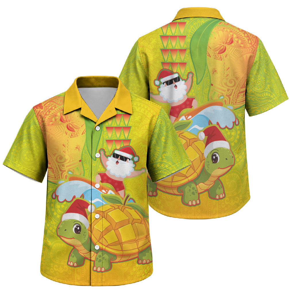 Hawaiian Mango Mele Kalikimaka Family Matching Off The Shoulder Long Sleeve Dress and Hawaiian Shirt Santa Claus Surfing with Turtle Mango Christmas LT03 Son's Shirt Multicolor - Polynesian Pride