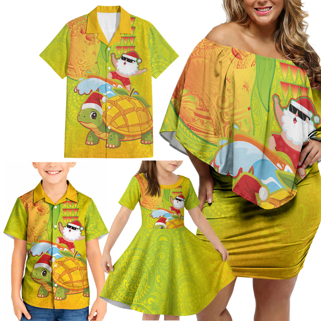 Hawaiian Mango Mele Kalikimaka Family Matching Off Shoulder Short Dress and Hawaiian Shirt Santa Claus Surfing with Turtle Mango Christmas LT03 - Polynesian Pride